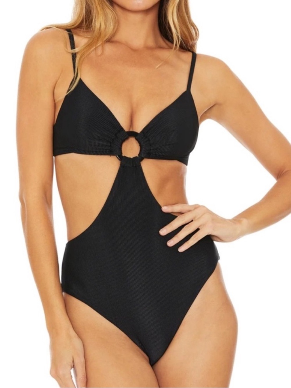 BNWT Beach Riot Kirsten One Piece Swimsuit Black Ribbed Cutout Ring Monokini XS